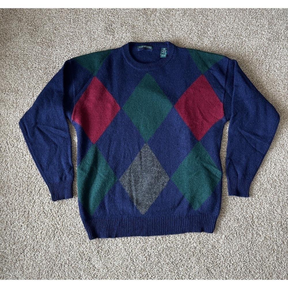 VINTAGE Claybrooke Men's‎ XL 100% Shetland Wool Argyle Diamond Knit Sweater